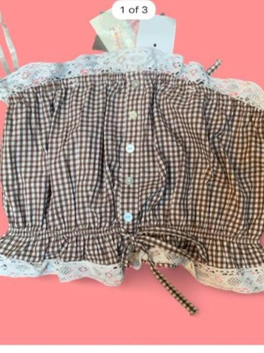 Gingham Lace Trim Button-Front Crop Top - Brown Check